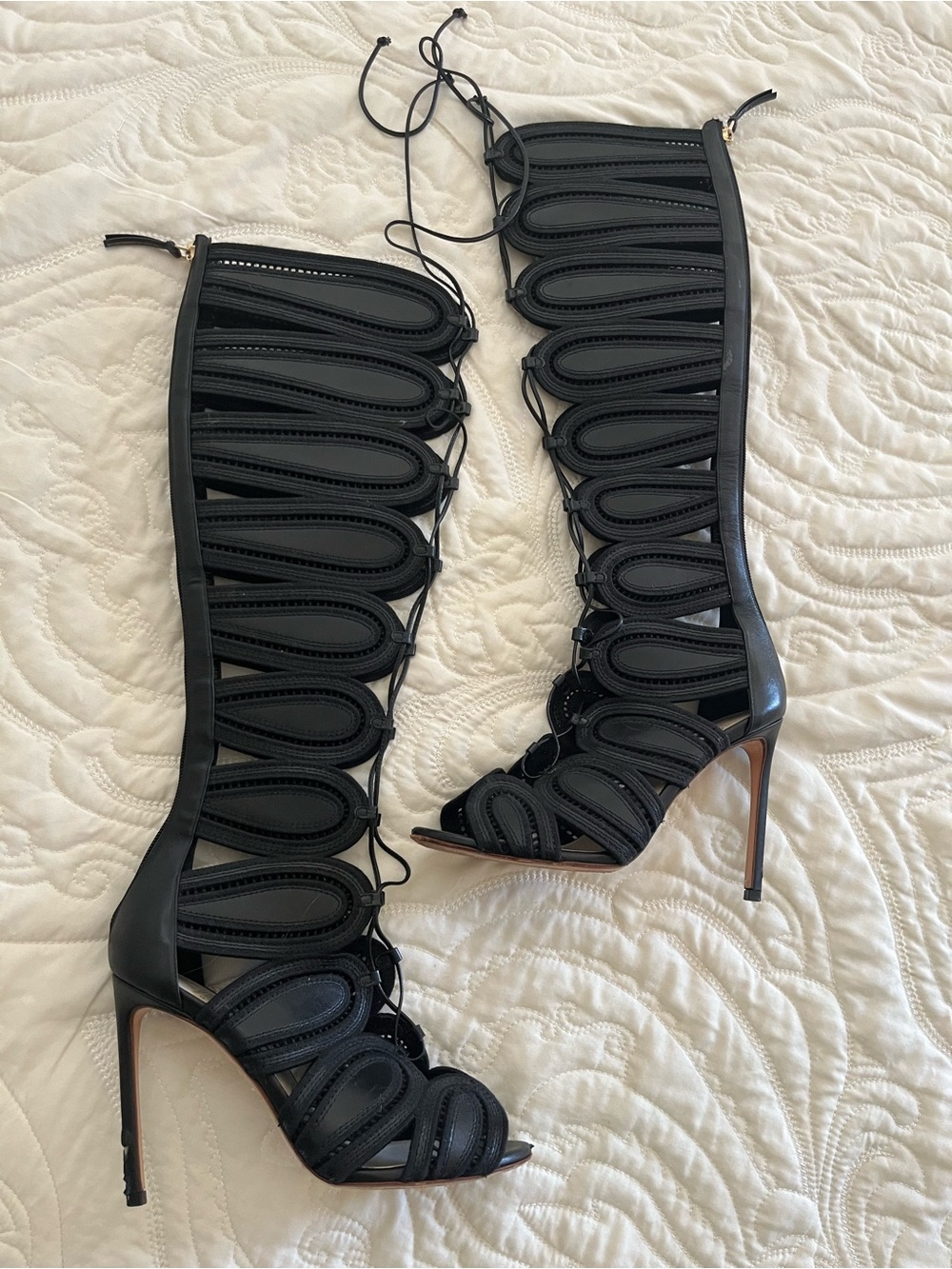 Francesco Russo Black Lace-Up Knee-High Stiletto Sandals size 6